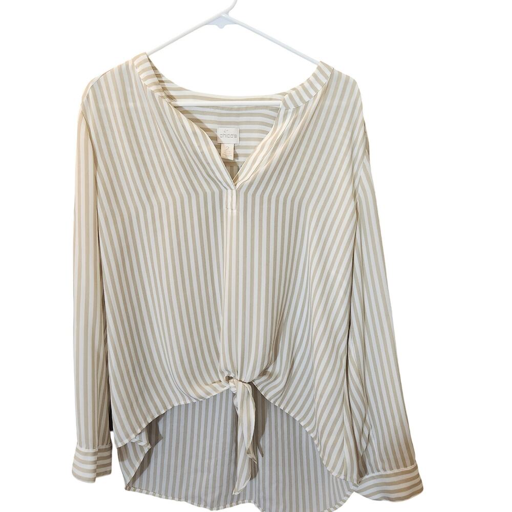 Chico's Striped Tie Front High-Low Blouse Tan White Size 2 (US Large 12/14)